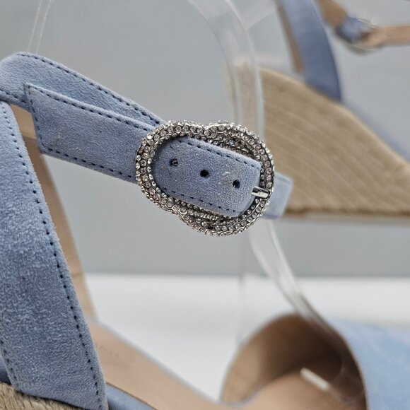 Stuart Weitzman Crystal Buckle Wedge Womens 10 Cornflower Blue Suede Espadrille - Picture 4 of 16